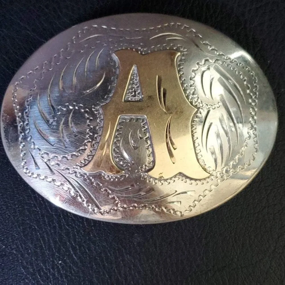 Initial A Western Belt Buckle Silver Gold Tone Engraved Floral Cowboy Monogram